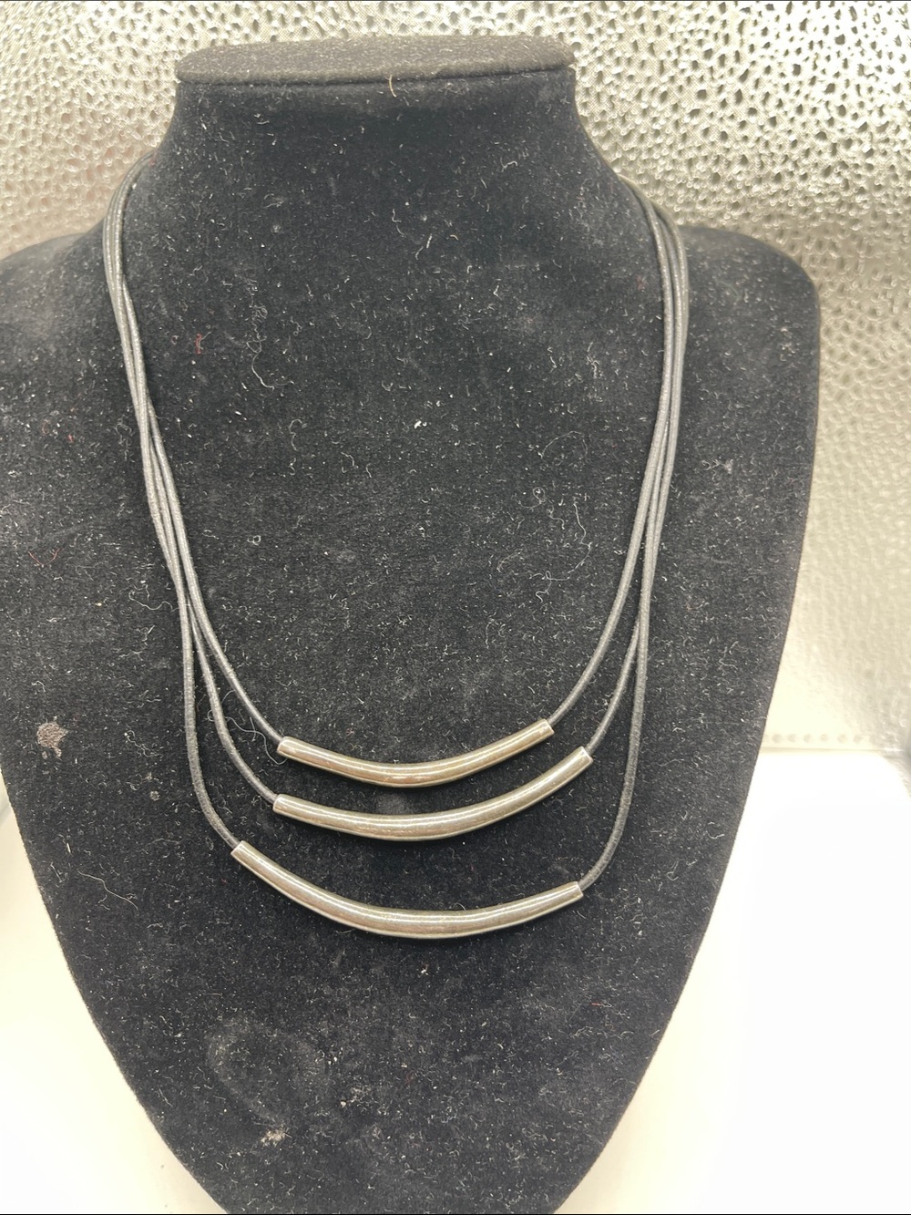 07.05.26-2 Silpada Black Leather Cord Triple 925 Silver Bar Necklace